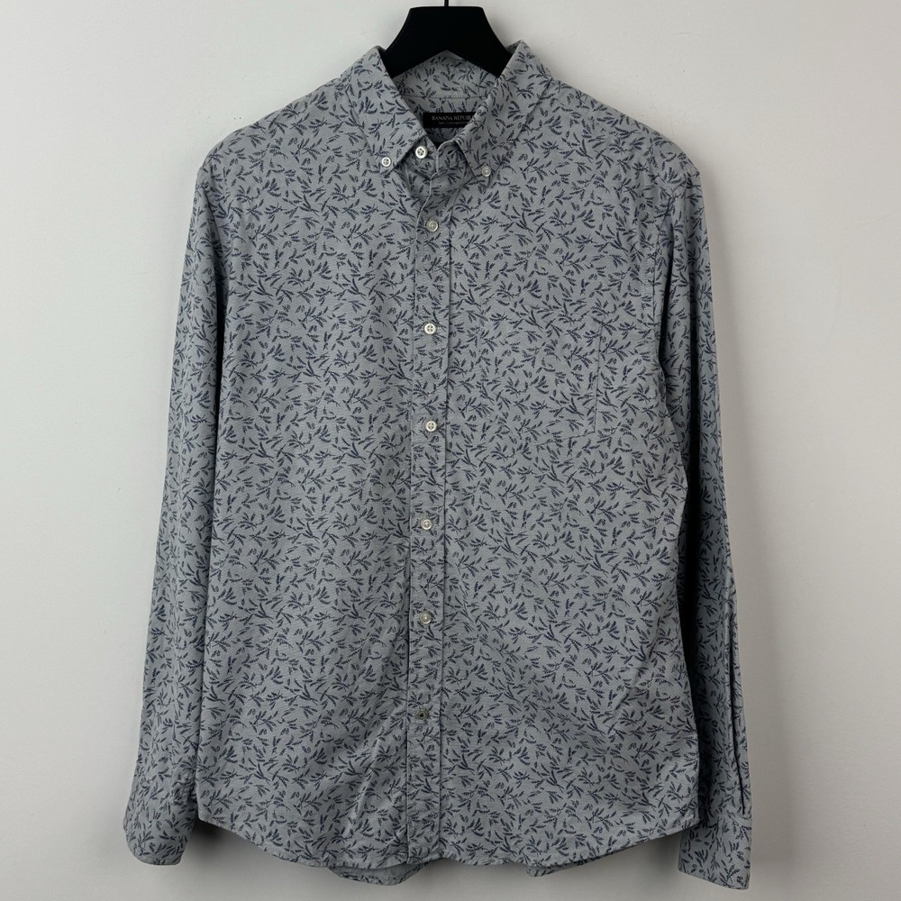Banana Republic Button Down Shirt Mens M Gray Leaf Floral Oxford Long Sleeve
